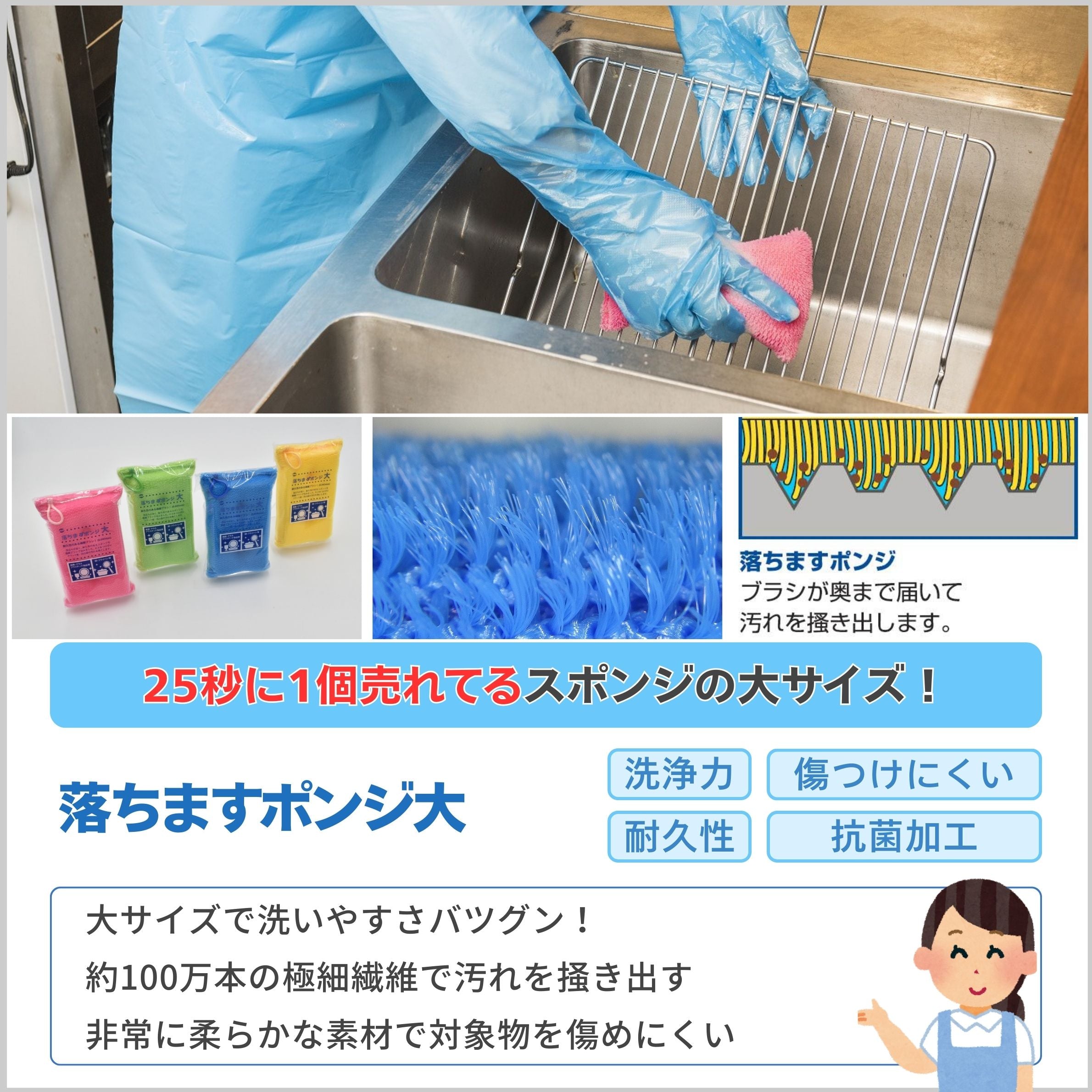 業務用スポンジ（大）｜清掃作業の効率向上を考慮した 落ちますポンジ